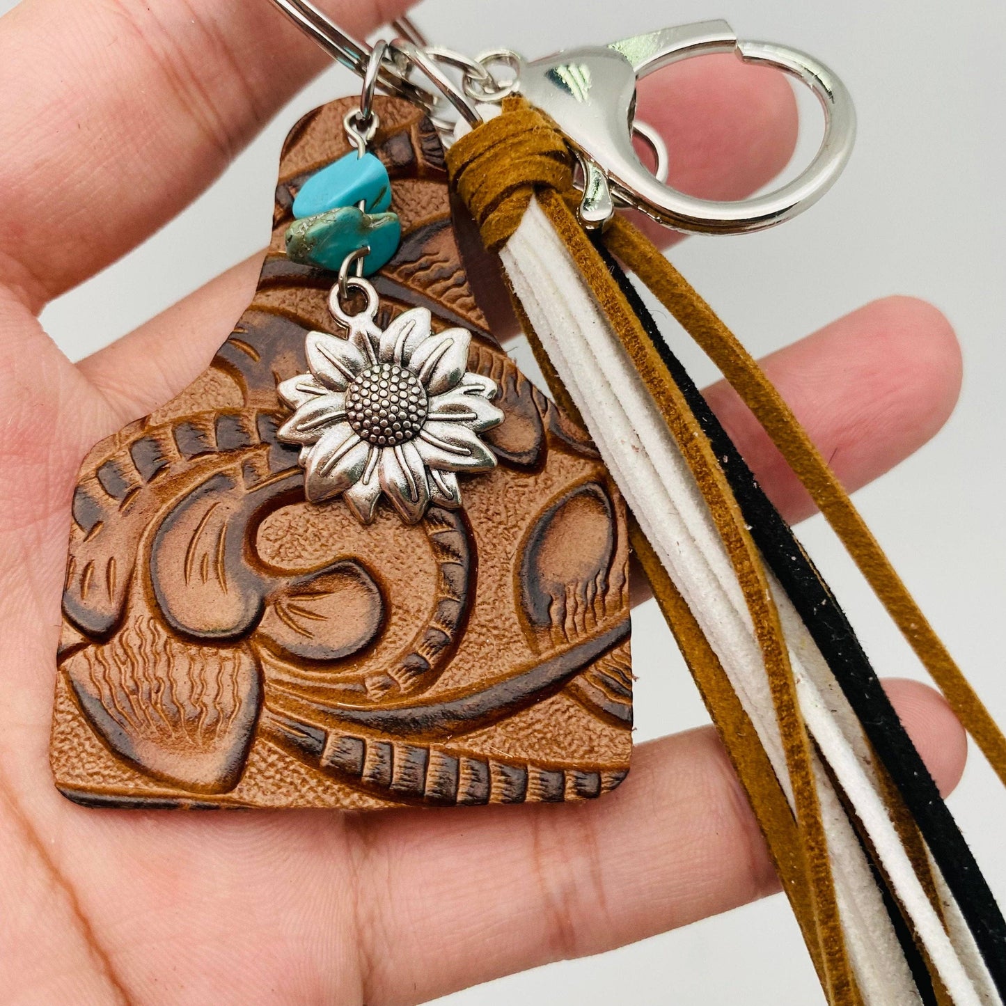 Western Style Geometric Cowhide Keychain