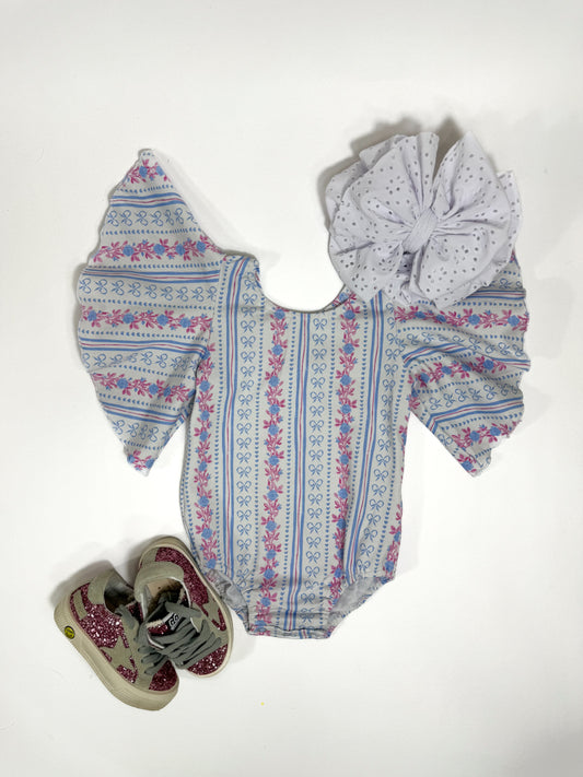 Blue Floral Bell Sleeve Leo/Top (FINAL SALE)